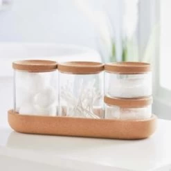 B&M Storage Jars 5pk -Home Living Deals Store 373970 set of 4 glass storage jars with cork lids and tray