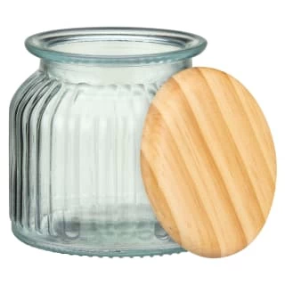 B&M Small Ribbed Glass Jar With Wooden Lid 2 B&M Small Ribbed Glass Jar With Wooden Lid - Image 2