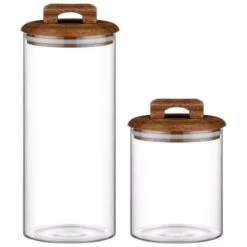 B&M Small Glass Jar With Acacia Wood Lid 7 B&M Small Glass Jar With Acacia Wood Lid -Home Living Deals Store 394438 394439 glass canister with acacia wood group